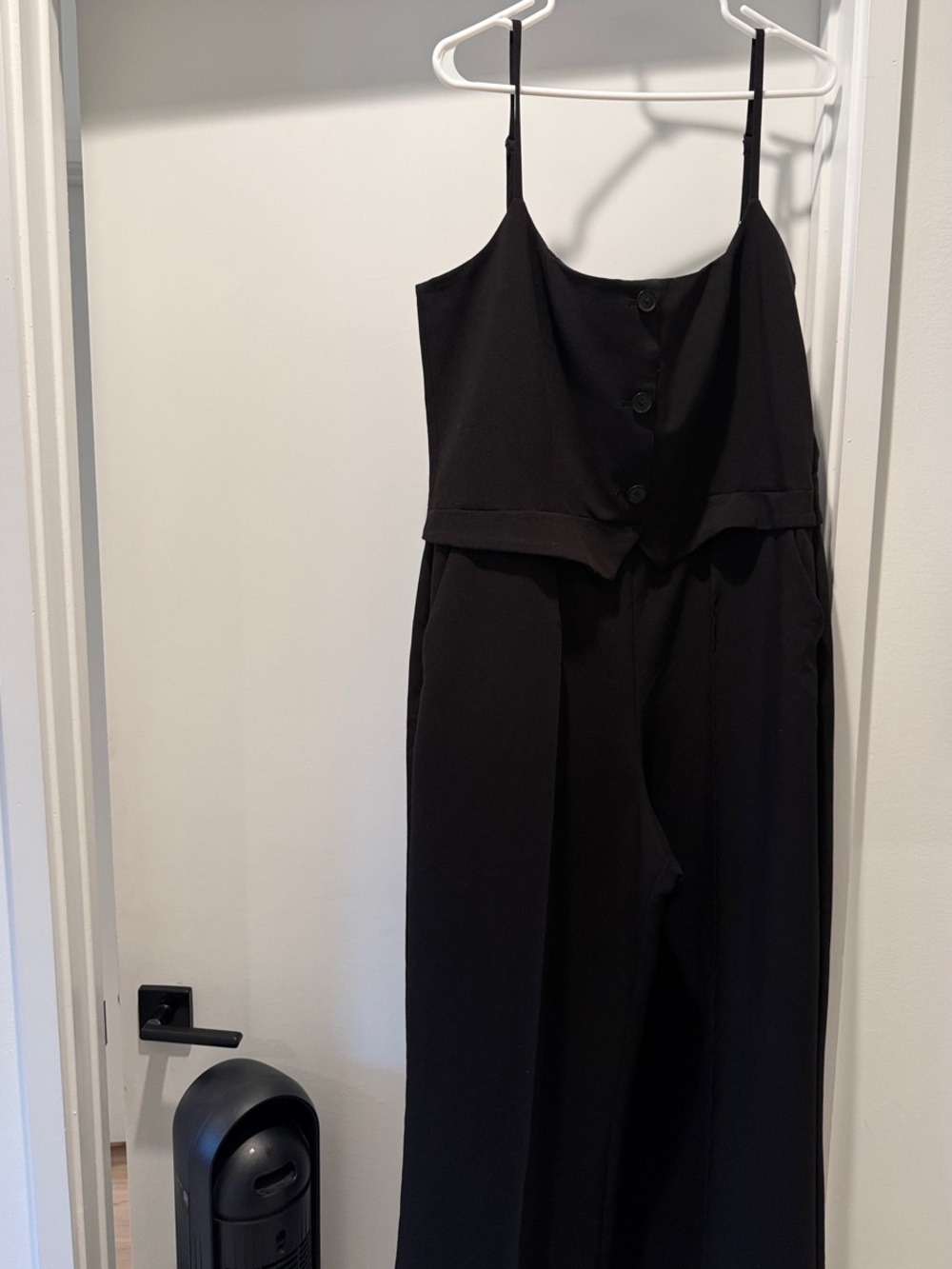 pistola Black Button-Front Wide-Leg Jumpsuit with Spaghetti Straps